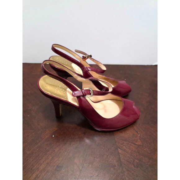 Cole Haan Burgundy Patent Leather Peep Toe Slingback Heels Adjustable Strap Wome - Picture 3 of 12